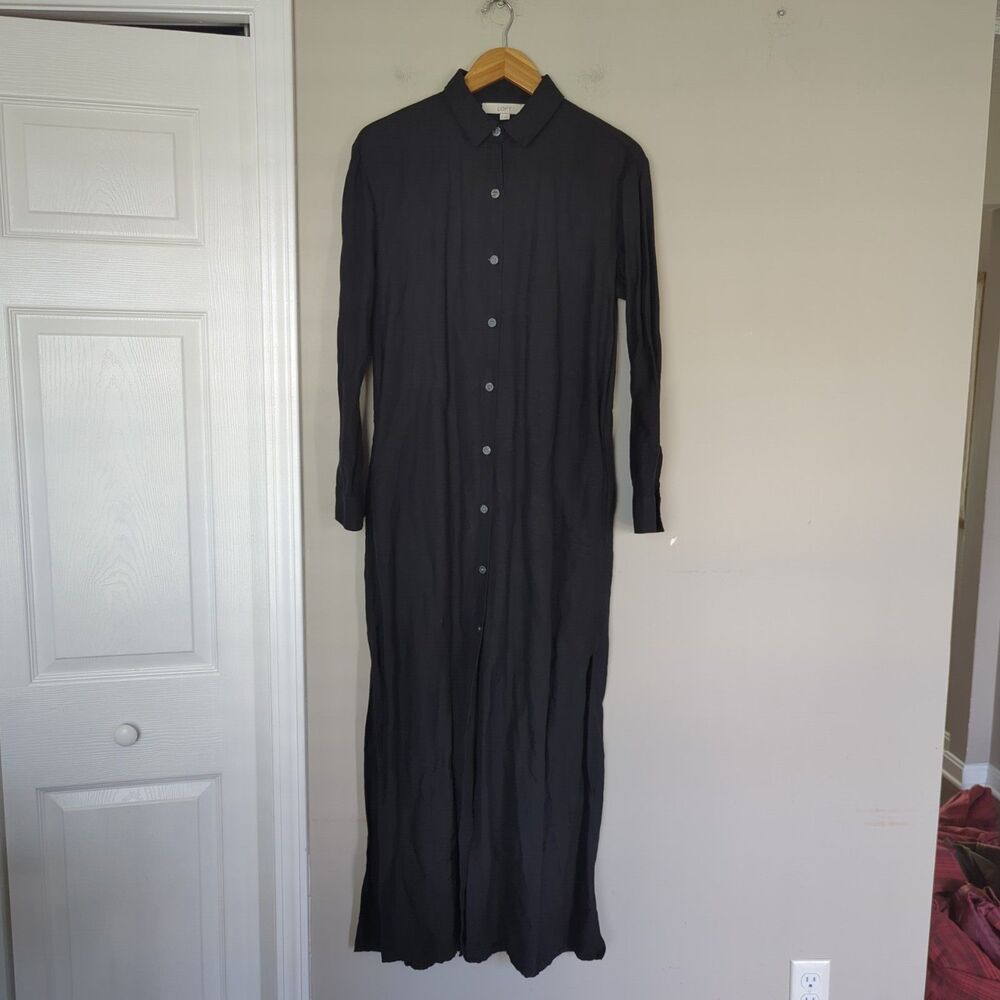 Ann Taylor Loft Women's Linen Blend Black Long Sleeve Button Front Maxi Dress SM